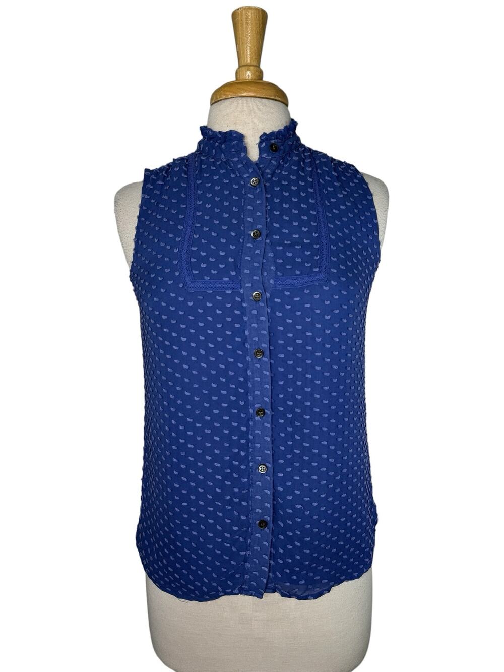 J.CREW Periwinkle Blue Silk Blend Swiss Dot Sleeveless Button Up Blouse Size 2